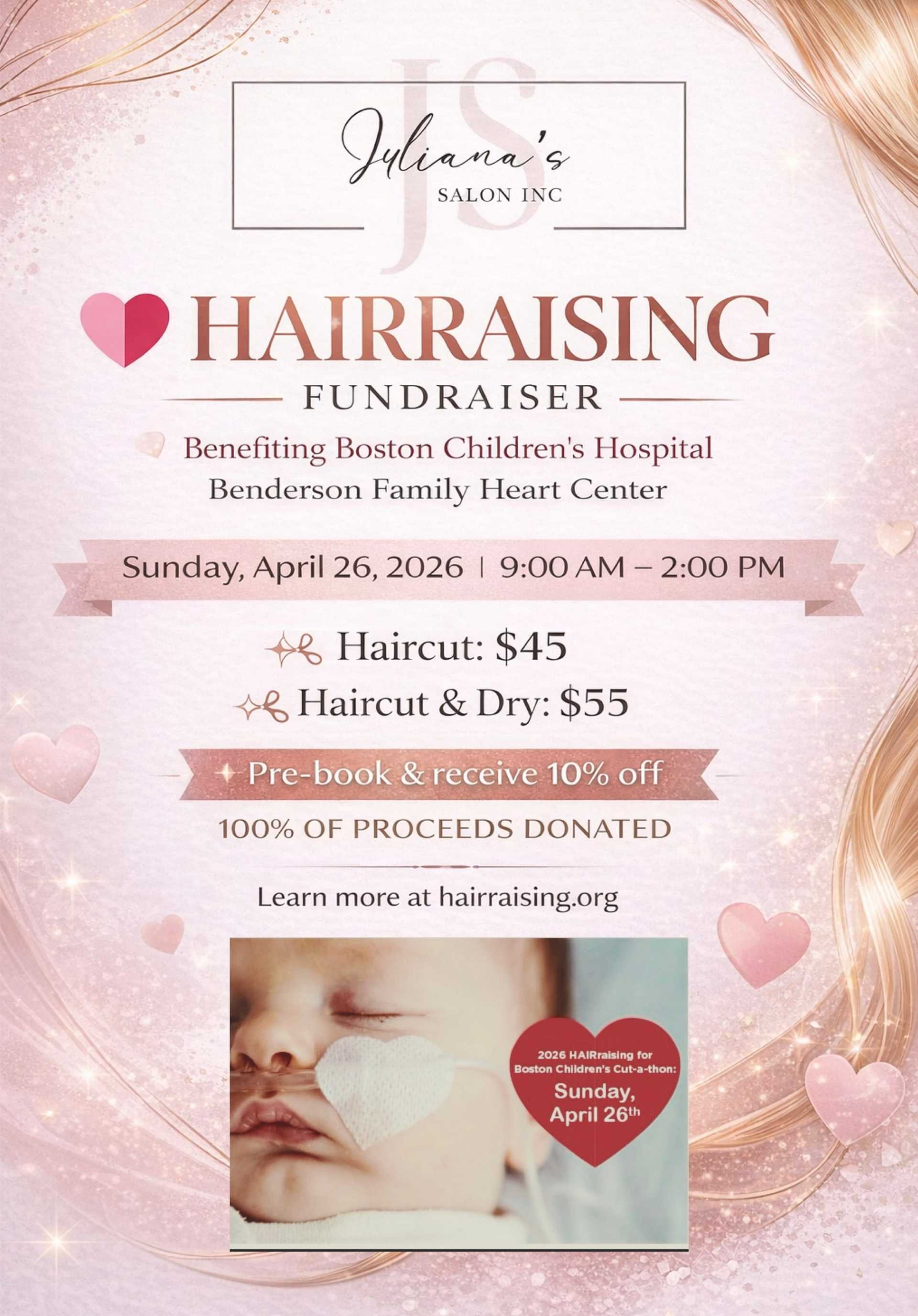 Hairraising fundraiser poster for Boston Children's Hospital, with haircut details and date.