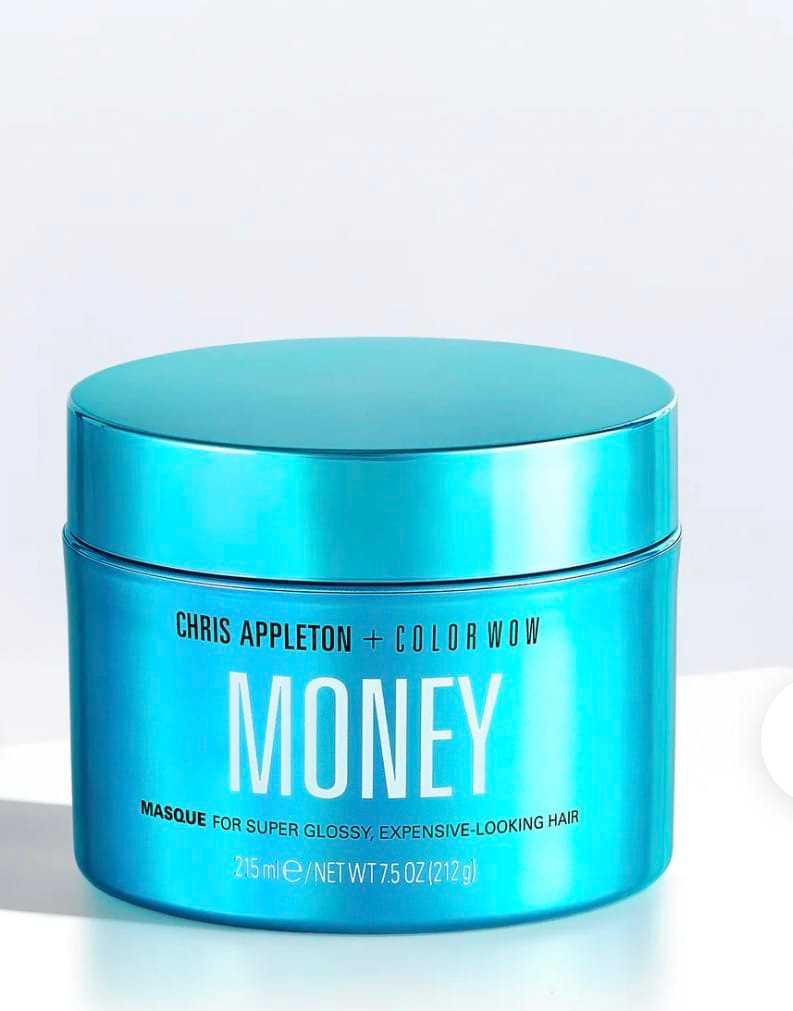 Hair masque by Color Wow for glossy, expansive-looking hair in a blue container.