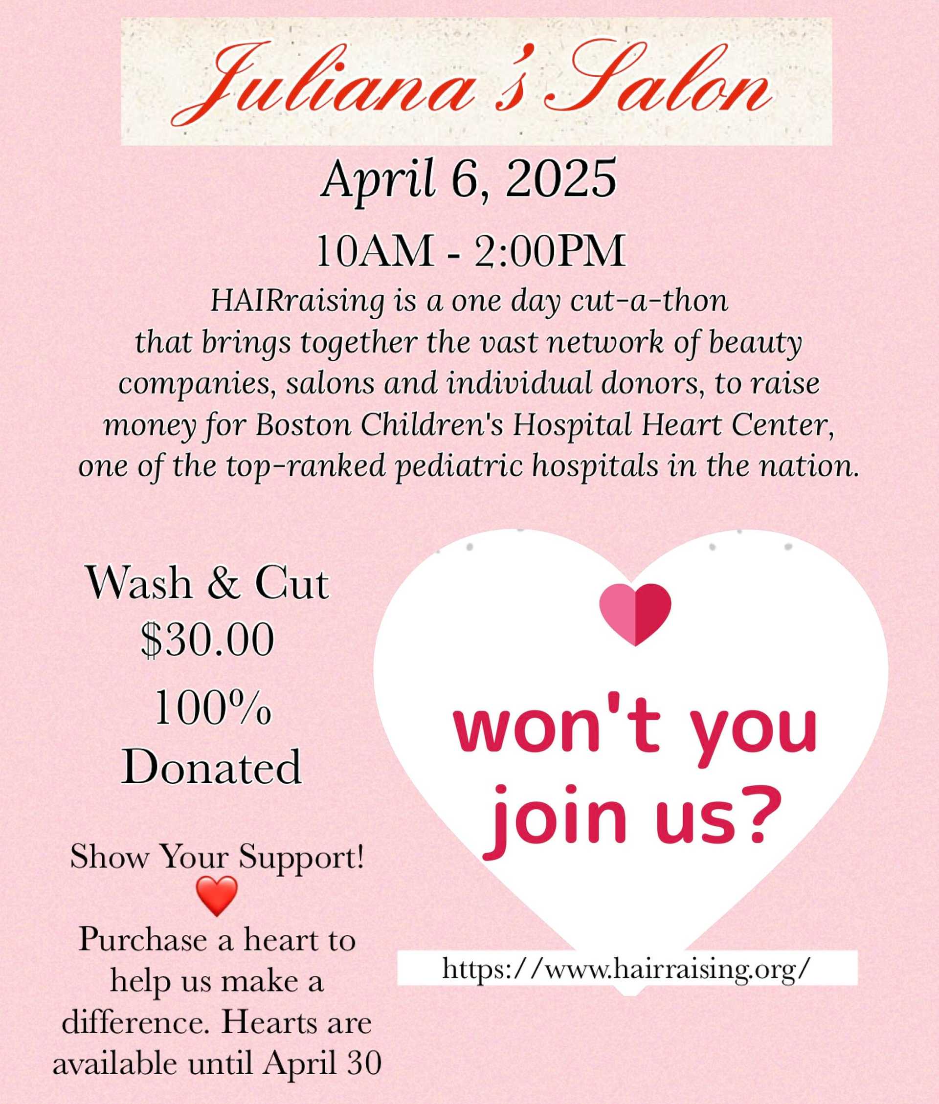 Juliana's Salon charity event on April 6, 2025, offering $30 haircuts. "Won't you join us?