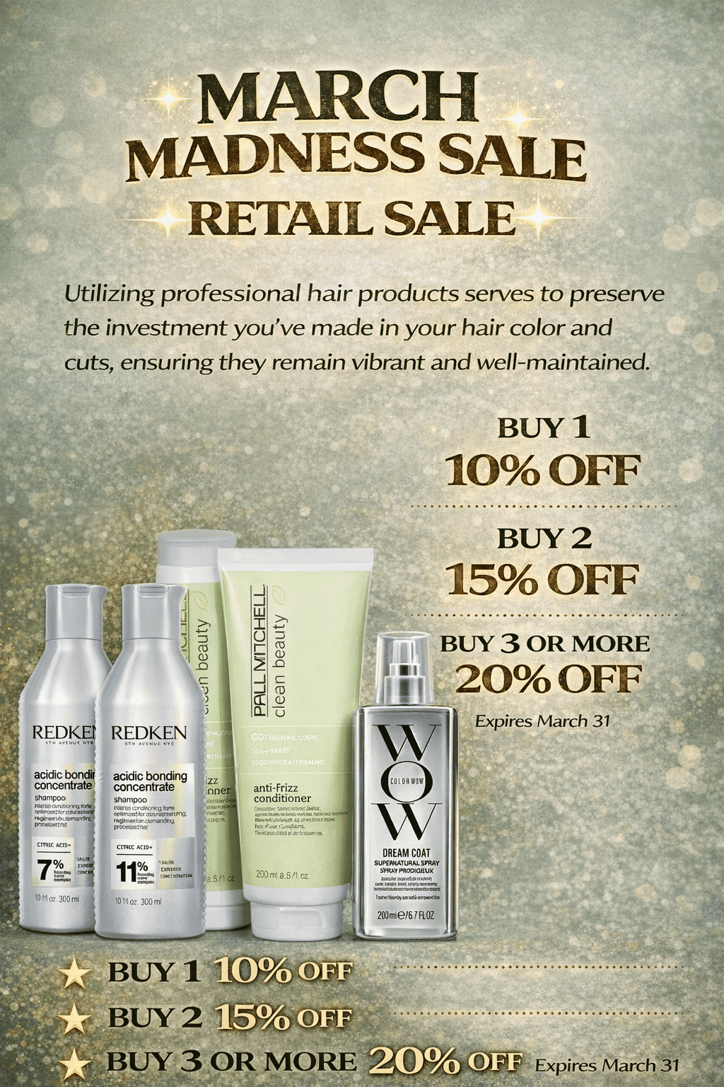 March sale ad for hair products with discounts on single, double, and triple purchases.